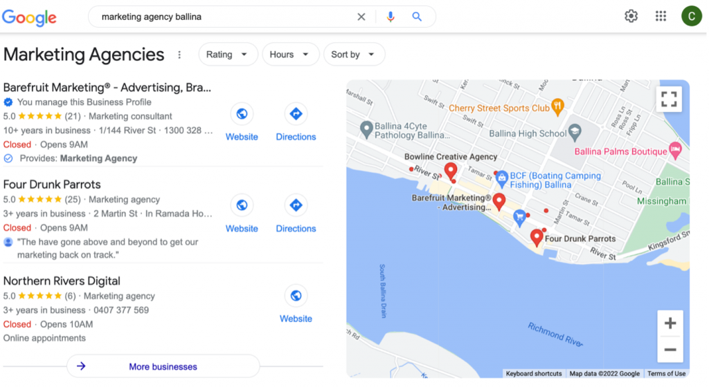 Google search of Barefruit Marketing
