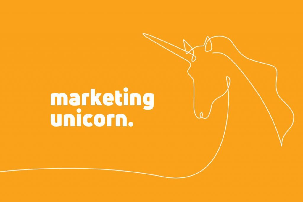 Line drawing of a unicorn with the text marketing unicorn